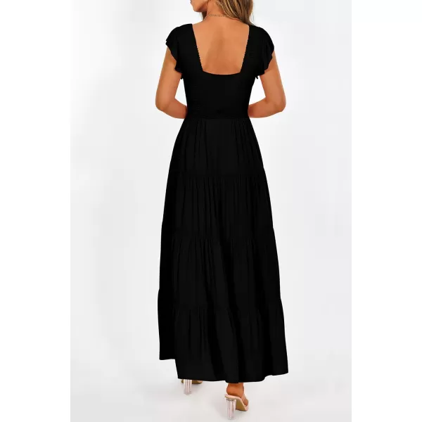 imagePRETTYGARDEN Womens Summer Flowy Maxi Dress Casual Cap Sleeve V Neck Smocked Beach SundressSolid Black