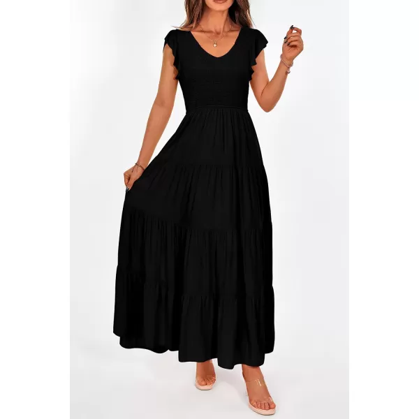 imagePRETTYGARDEN Womens Summer Flowy Maxi Dress Casual Cap Sleeve V Neck Smocked Beach SundressSolid Black