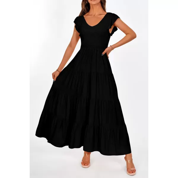 imagePRETTYGARDEN Womens Summer Flowy Maxi Dress Casual Cap Sleeve V Neck Smocked Beach SundressSolid Black