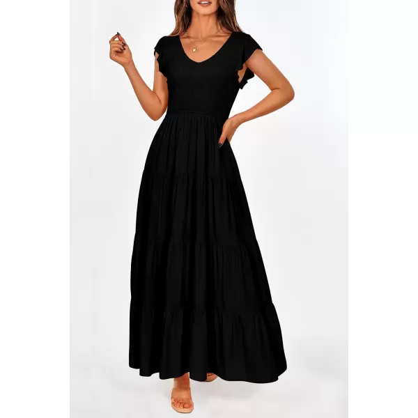 imagePRETTYGARDEN Womens Summer Flowy Maxi Dress Casual Cap Sleeve V Neck Smocked Beach SundressSolid Black