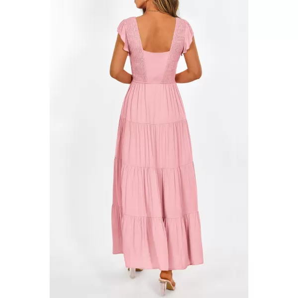 imagePRETTYGARDEN Womens Summer Flowy Maxi Dress Casual Cap Sleeve V Neck Smocked Beach SundressSolid Pink
