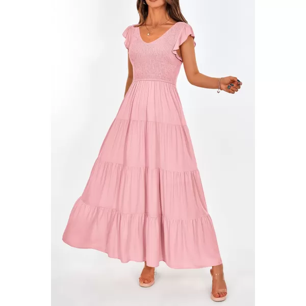 imagePRETTYGARDEN Womens Summer Flowy Maxi Dress Casual Cap Sleeve V Neck Smocked Beach SundressSolid Pink