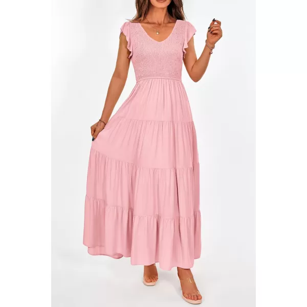 imagePRETTYGARDEN Womens Summer Flowy Maxi Dress Casual Cap Sleeve V Neck Smocked Beach SundressSolid Pink