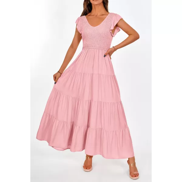 imagePRETTYGARDEN Womens Summer Flowy Maxi Dress Casual Cap Sleeve V Neck Smocked Beach SundressSolid Pink