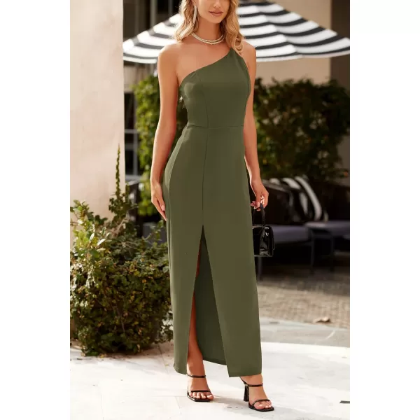 imagePRETTYGARDEN Womens Summer Formal Wedding Guest Dresses One Shoulder Spaghetti Strap High Slit Maxi Bodycon DressArmy Green