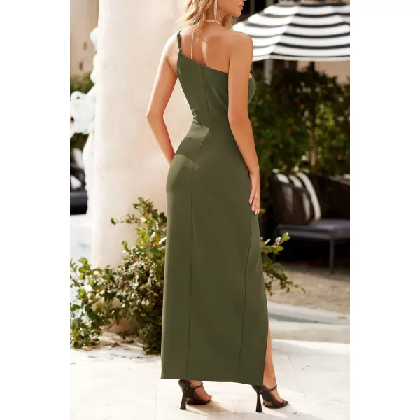 imagePRETTYGARDEN Womens Summer Formal Wedding Guest Dresses One Shoulder Spaghetti Strap High Slit Maxi Bodycon DressArmy Green