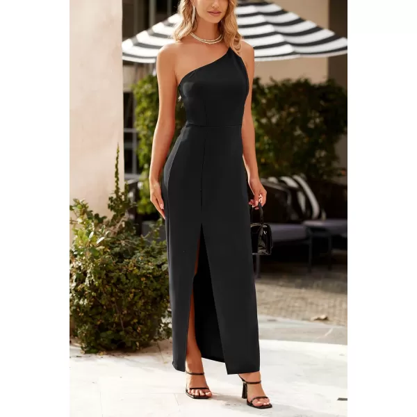 imagePRETTYGARDEN Womens Summer Formal Wedding Guest Dresses One Shoulder Spaghetti Strap High Slit Maxi Bodycon DressBlack