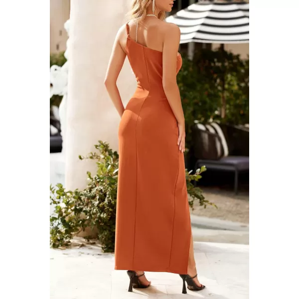 imagePRETTYGARDEN Womens Summer Formal Wedding Guest Dresses One Shoulder Spaghetti Strap High Slit Maxi Bodycon DressBrown
