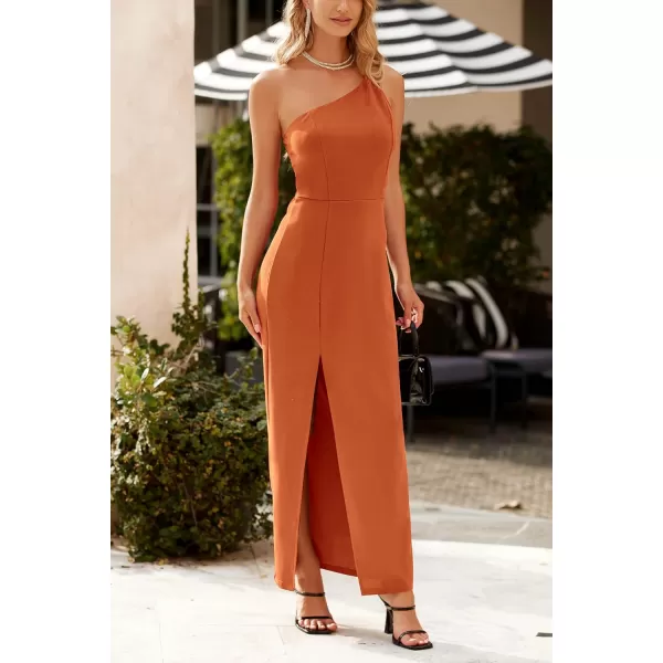 imagePRETTYGARDEN Womens Summer Formal Wedding Guest Dresses One Shoulder Spaghetti Strap High Slit Maxi Bodycon DressBrown