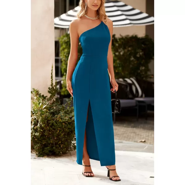 imagePRETTYGARDEN Womens Summer Formal Wedding Guest Dresses One Shoulder Spaghetti Strap High Slit Maxi Bodycon DressDark Blue