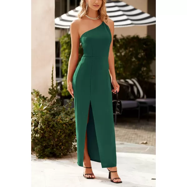 imagePRETTYGARDEN Womens Summer Formal Wedding Guest Dresses One Shoulder Spaghetti Strap High Slit Maxi Bodycon DressDark Green