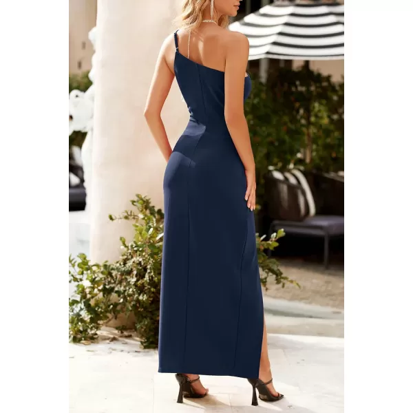 imagePRETTYGARDEN Womens Summer Formal Wedding Guest Dresses One Shoulder Spaghetti Strap High Slit Maxi Bodycon DressNavy Blue