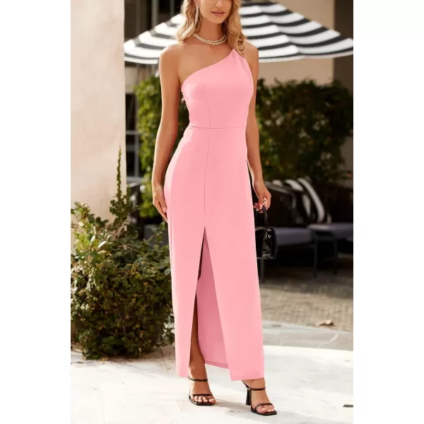 imagePRETTYGARDEN Womens Summer Formal Wedding Guest Dresses One Shoulder Spaghetti Strap High Slit Maxi Bodycon DressPink
