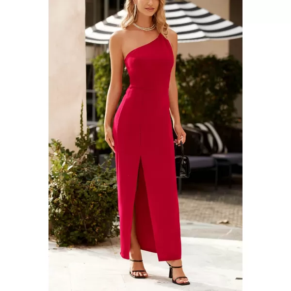 imagePRETTYGARDEN Womens Summer Formal Wedding Guest Dresses One Shoulder Spaghetti Strap High Slit Maxi Bodycon DressRed