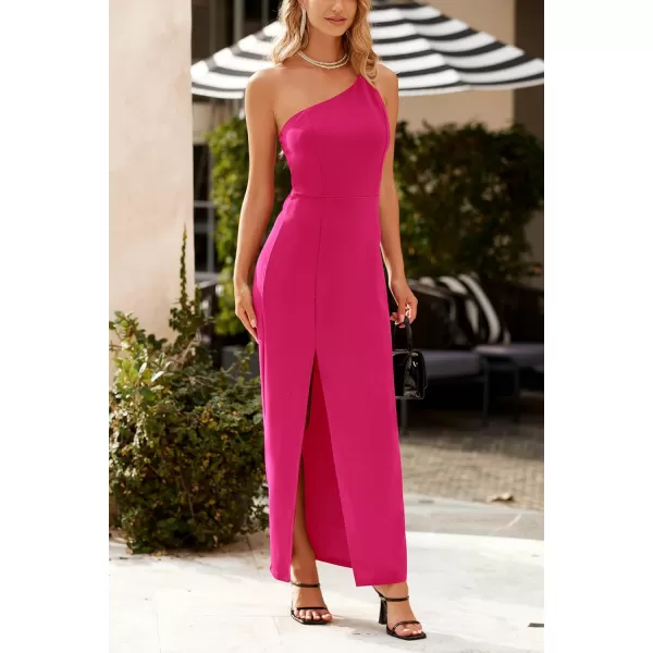 imagePRETTYGARDEN Womens Summer Formal Wedding Guest Dresses One Shoulder Spaghetti Strap High Slit Maxi Bodycon DressRose Red