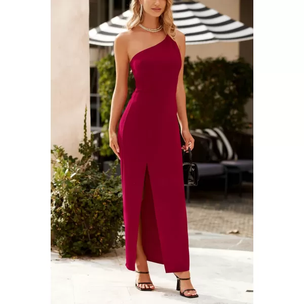 imagePRETTYGARDEN Womens Summer Formal Wedding Guest Dresses One Shoulder Spaghetti Strap High Slit Maxi Bodycon DressWine Red