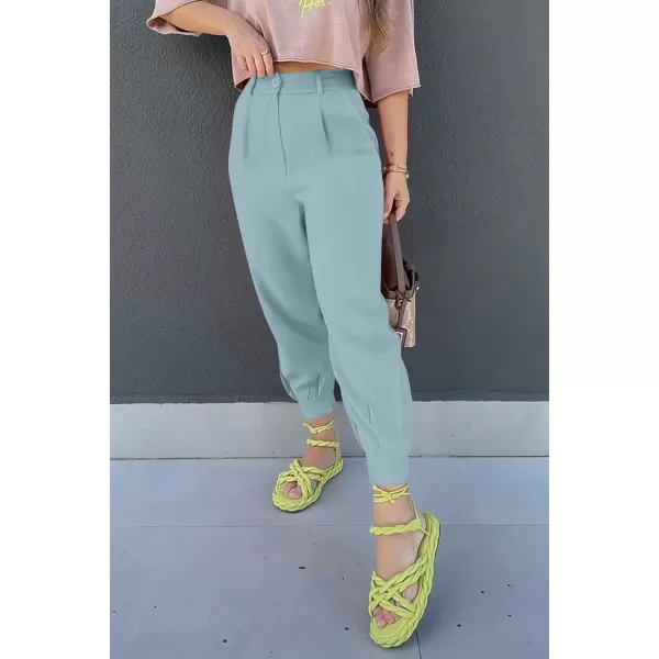 imagePRETTYGARDEN Womens Summer High Waisted Pants Casual Ankle Length Work Office Trouser Slacks with PocketsAqua Blue