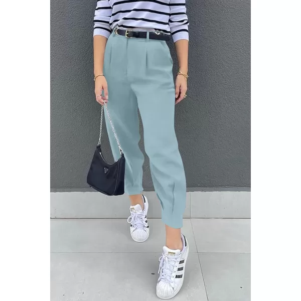 imagePRETTYGARDEN Womens Summer High Waisted Pants Casual Ankle Length Work Office Trouser Slacks with PocketsAqua Blue