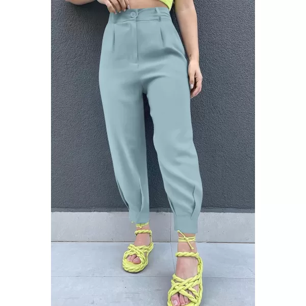 imagePRETTYGARDEN Womens Summer High Waisted Pants Casual Ankle Length Work Office Trouser Slacks with PocketsAqua Blue