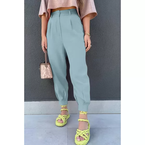 imagePRETTYGARDEN Womens Summer High Waisted Pants Casual Ankle Length Work Office Trouser Slacks with PocketsAqua Blue