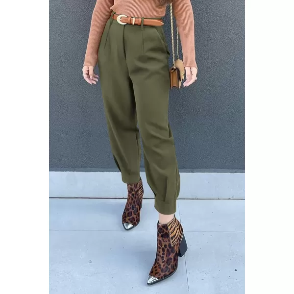 imagePRETTYGARDEN Womens Summer High Waisted Pants Casual Ankle Length Work Office Trouser Slacks with PocketsArmy Green