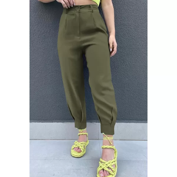 imagePRETTYGARDEN Womens Summer High Waisted Pants Casual Ankle Length Work Office Trouser Slacks with PocketsArmy Green