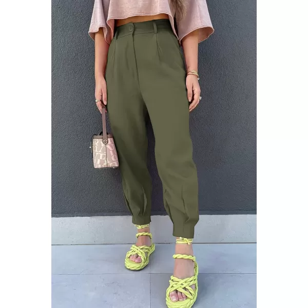 imagePRETTYGARDEN Womens Summer High Waisted Pants Casual Ankle Length Work Office Trouser Slacks with PocketsArmy Green