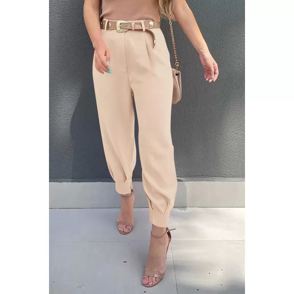 imagePRETTYGARDEN Womens Summer High Waisted Pants Casual Ankle Length Work Office Trouser Slacks with PocketsBeige