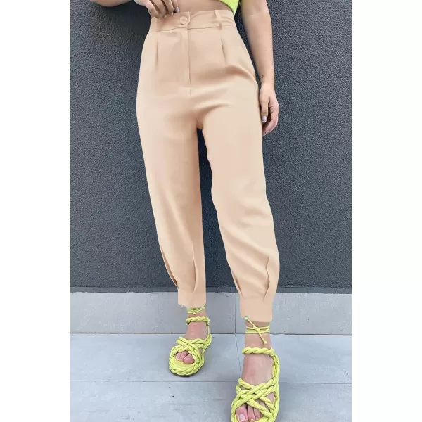imagePRETTYGARDEN Womens Summer High Waisted Pants Casual Ankle Length Work Office Trouser Slacks with PocketsBeige