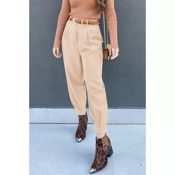 imagePRETTYGARDEN Womens Summer High Waisted Pants Casual Ankle Length Work Office Trouser Slacks with PocketsBeige