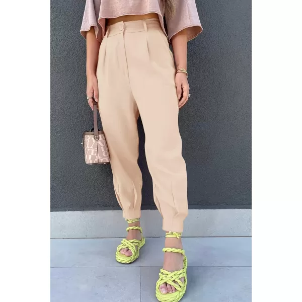 imagePRETTYGARDEN Womens Summer High Waisted Pants Casual Ankle Length Work Office Trouser Slacks with PocketsBeige
