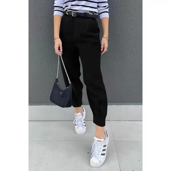 imagePRETTYGARDEN Womens Summer High Waisted Pants Casual Ankle Length Work Office Trouser Slacks with PocketsBlack