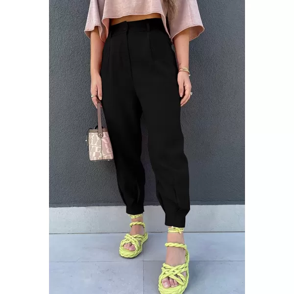 imagePRETTYGARDEN Womens Summer High Waisted Pants Casual Ankle Length Work Office Trouser Slacks with PocketsBlack