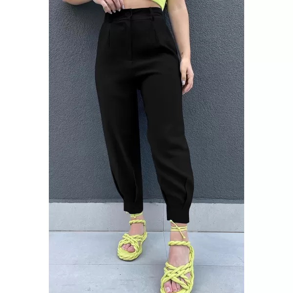 imagePRETTYGARDEN Womens Summer High Waisted Pants Casual Ankle Length Work Office Trouser Slacks with PocketsBlack