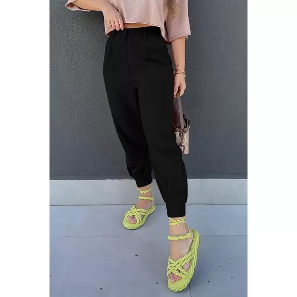 imagePRETTYGARDEN Womens Summer High Waisted Pants Casual Ankle Length Work Office Trouser Slacks with PocketsBlack