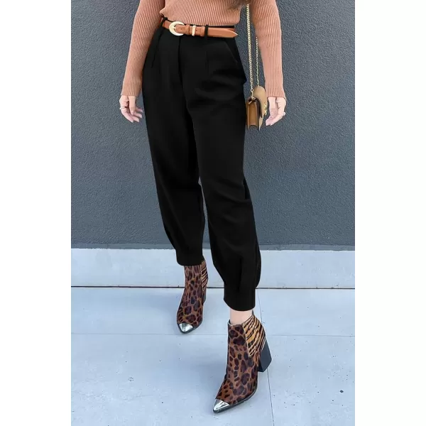 imagePRETTYGARDEN Womens Summer High Waisted Pants Casual Ankle Length Work Office Trouser Slacks with PocketsBlack