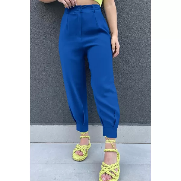 imagePRETTYGARDEN Womens Summer High Waisted Pants Casual Ankle Length Work Office Trouser Slacks with PocketsBlue