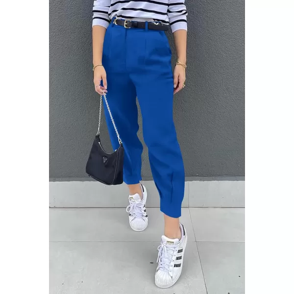 imagePRETTYGARDEN Womens Summer High Waisted Pants Casual Ankle Length Work Office Trouser Slacks with PocketsBlue