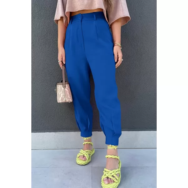 imagePRETTYGARDEN Womens Summer High Waisted Pants Casual Ankle Length Work Office Trouser Slacks with PocketsBlue