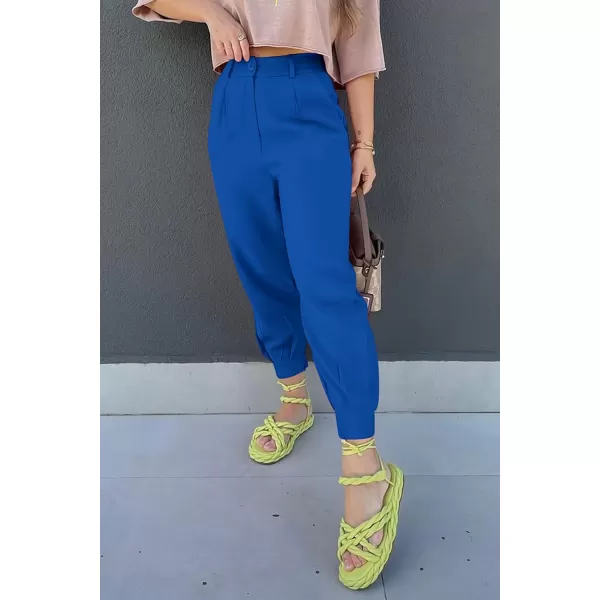 imagePRETTYGARDEN Womens Summer High Waisted Pants Casual Ankle Length Work Office Trouser Slacks with PocketsBlue
