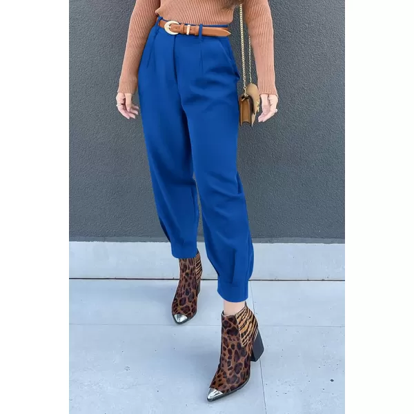 imagePRETTYGARDEN Womens Summer High Waisted Pants Casual Ankle Length Work Office Trouser Slacks with PocketsBlue