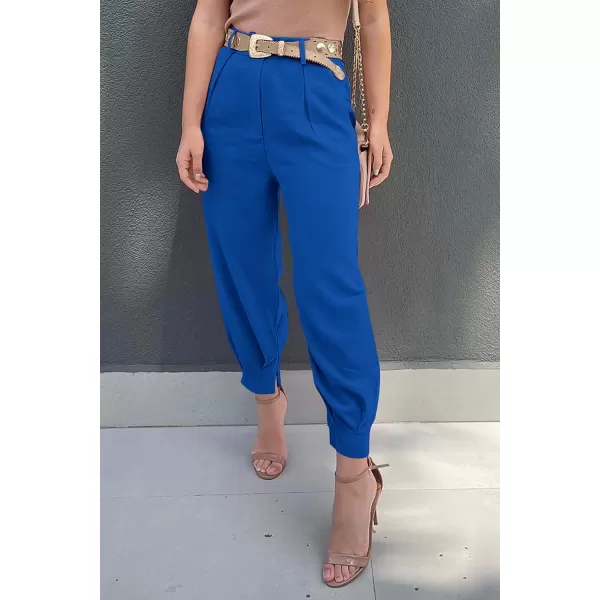 imagePRETTYGARDEN Womens Summer High Waisted Pants Casual Ankle Length Work Office Trouser Slacks with PocketsBlue