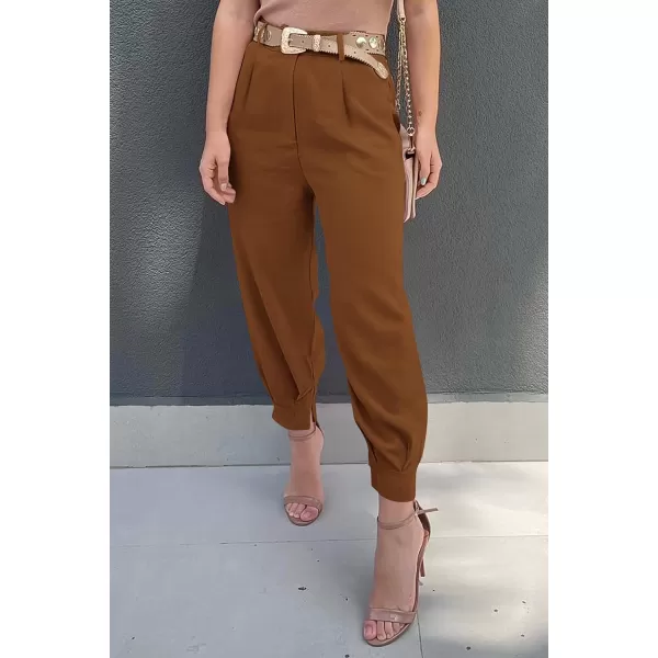 imagePRETTYGARDEN Womens Summer High Waisted Pants Casual Ankle Length Work Office Trouser Slacks with PocketsBrown