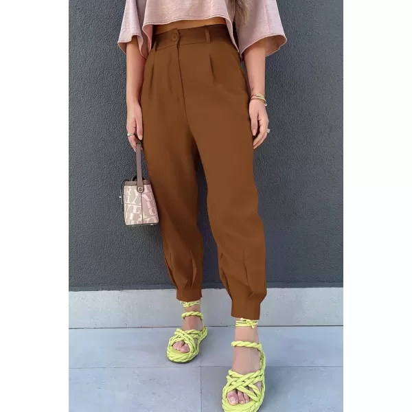 imagePRETTYGARDEN Womens Summer High Waisted Pants Casual Ankle Length Work Office Trouser Slacks with PocketsBrown