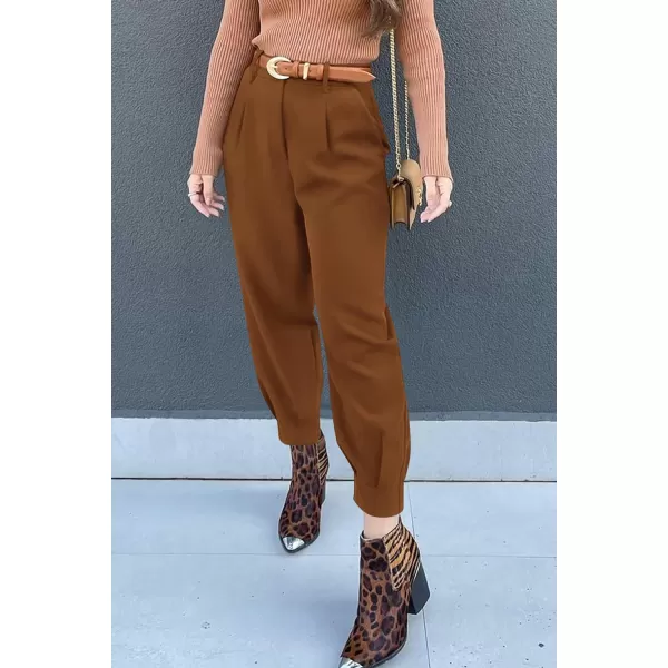 imagePRETTYGARDEN Womens Summer High Waisted Pants Casual Ankle Length Work Office Trouser Slacks with PocketsBrown