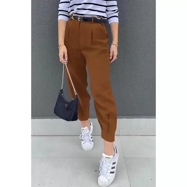imagePRETTYGARDEN Womens Summer High Waisted Pants Casual Ankle Length Work Office Trouser Slacks with PocketsBrown