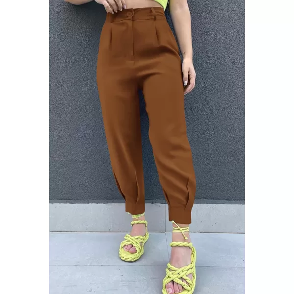 imagePRETTYGARDEN Womens Summer High Waisted Pants Casual Ankle Length Work Office Trouser Slacks with PocketsBrown