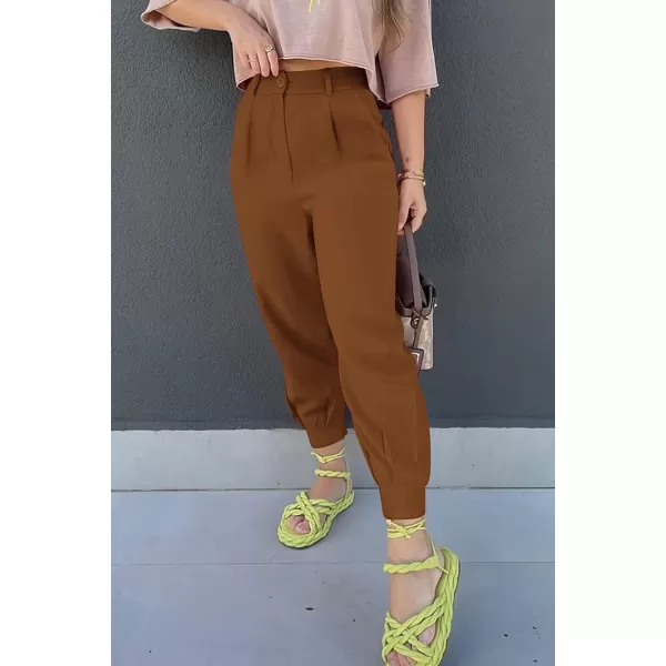 imagePRETTYGARDEN Womens Summer High Waisted Pants Casual Ankle Length Work Office Trouser Slacks with PocketsBrown