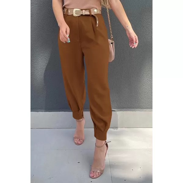 imagePRETTYGARDEN Womens Summer High Waisted Pants Casual Ankle Length Work Office Trouser Slacks with PocketsBrown