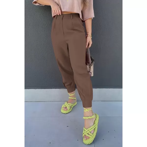 imagePRETTYGARDEN Womens Summer High Waisted Pants Casual Ankle Length Work Office Trouser Slacks with PocketsCoffee